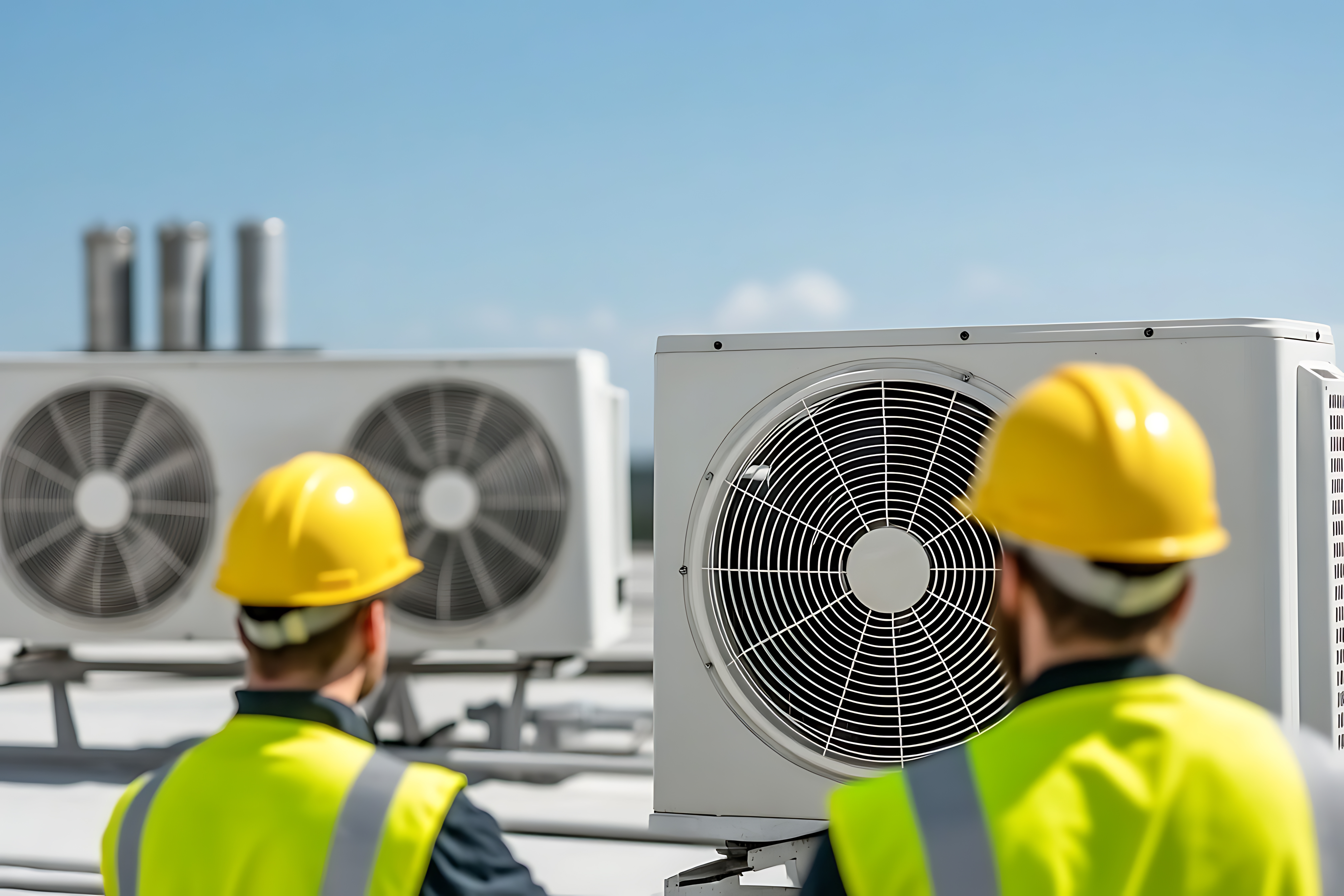 Workers with hard hats looking at rooftop hvac units