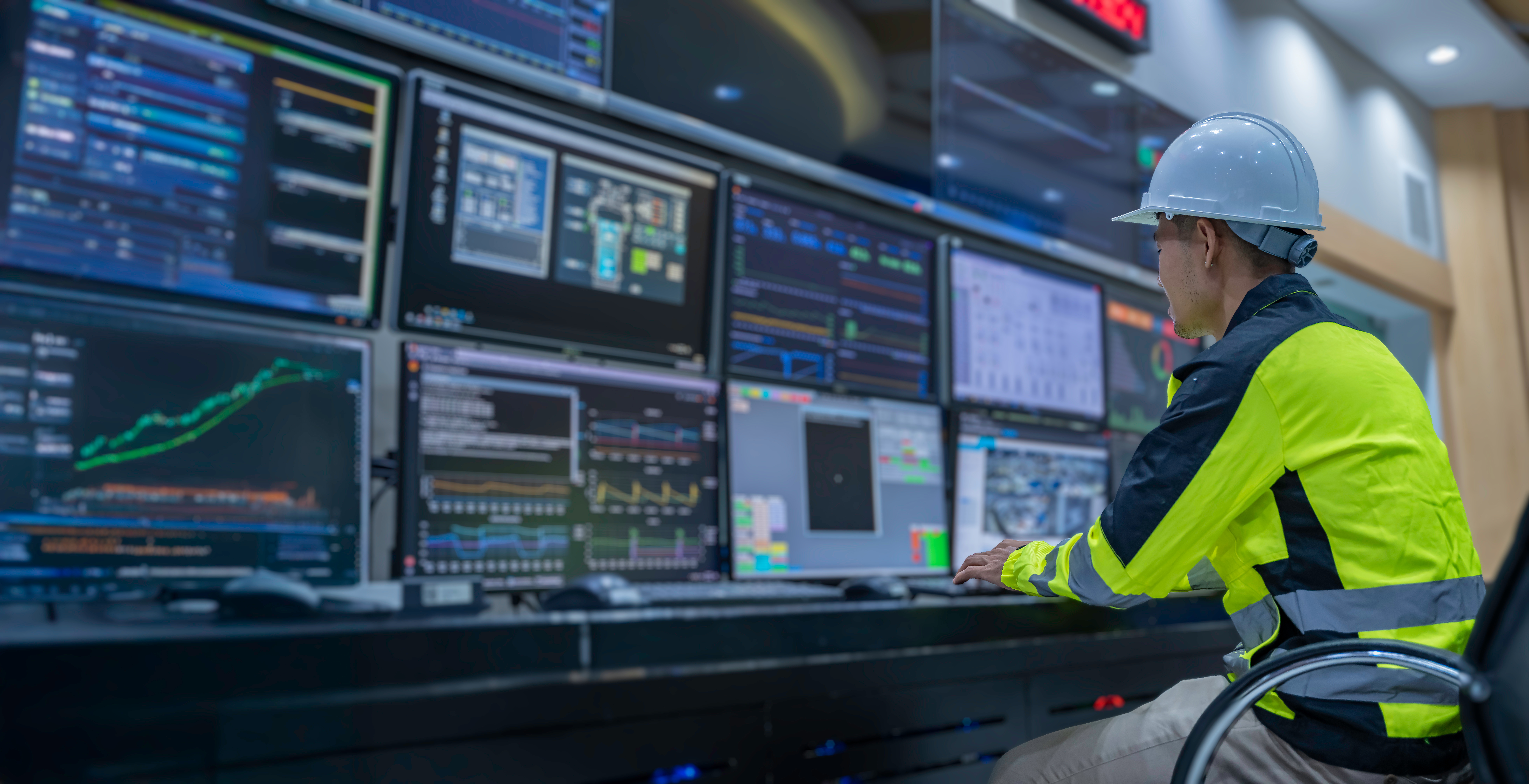 Soldier sitting at desk with multiple computer screens