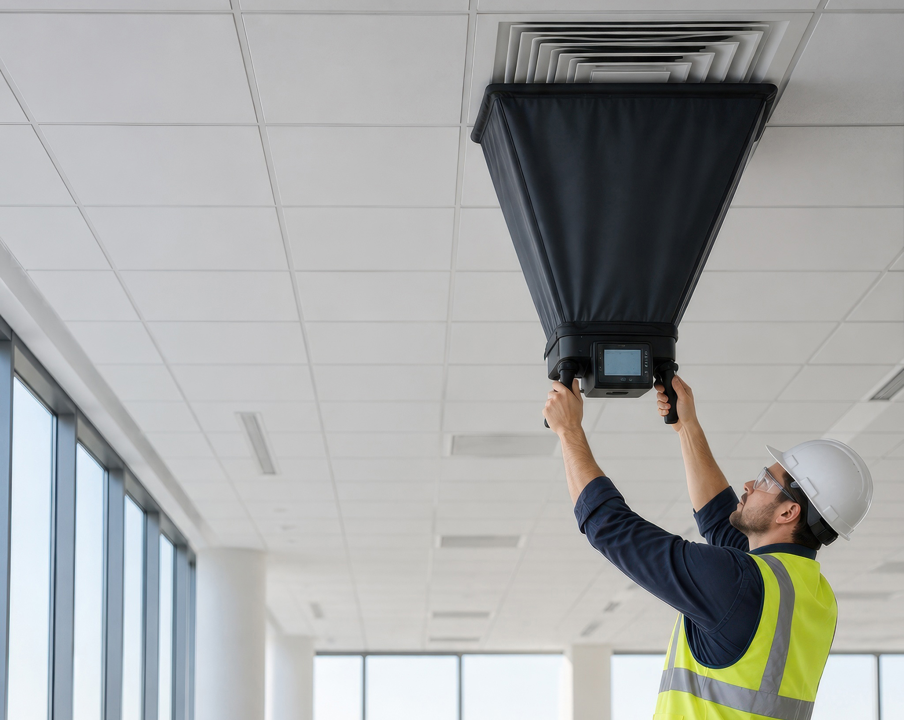 Technician measuring airflow at a ceiling vent
