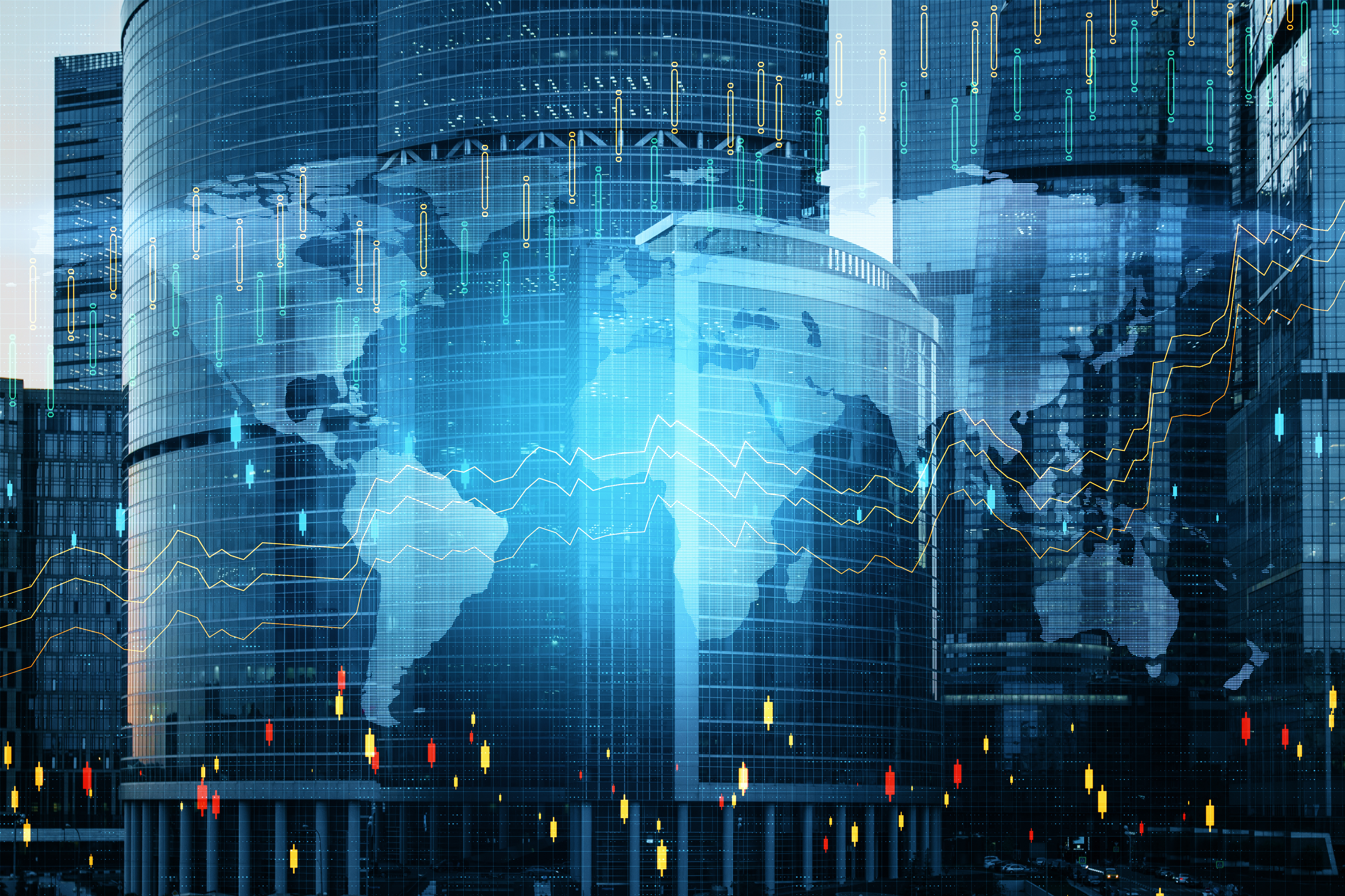 Digital countries over city buildings
