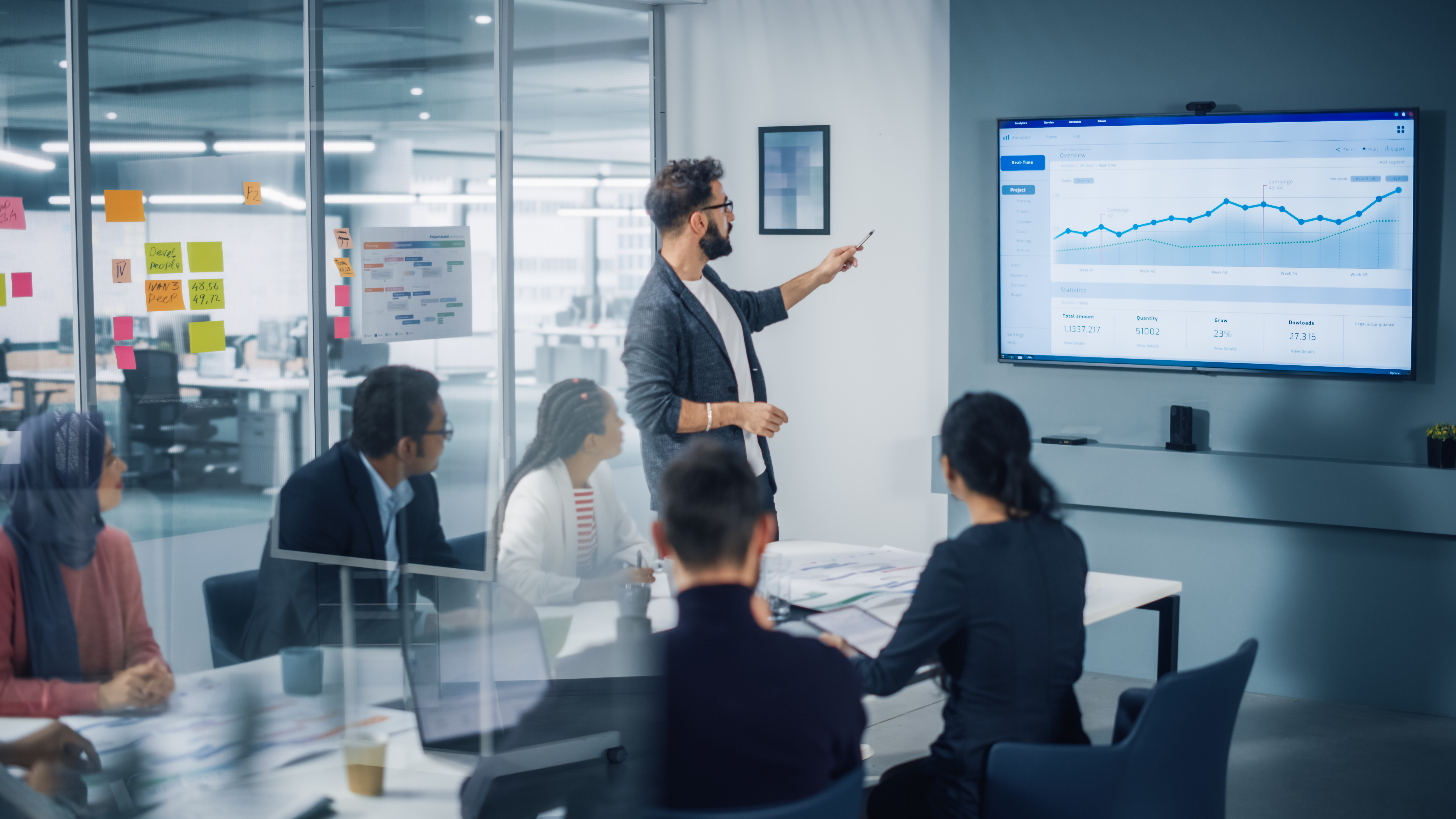Business people working around a desk looking at a monitor with a chart